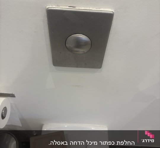 לחצן הדחה בשירותים עם נייר טואלט ופח אשפה